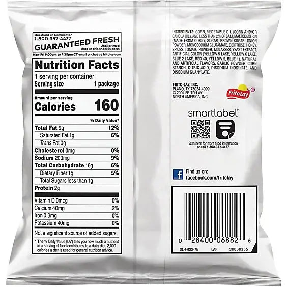 The back of a Fritos® Flavor Twists® Honey BBQ Corn Chips, 1 oz package shows nutrition facts, ingredients, and contact info. The barcode is at the bottom with a logo to the right. Enjoy every 160-calorie serving of these corn chips by Vegas Party Favors for a satisfying crunch!.