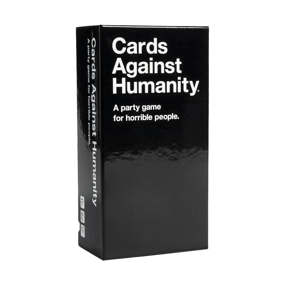 A vertical black box of Cards Against Humanity by Vegas Party Favors features white text saying, A party game for horrible people, popular for endless replayability and simple rules.