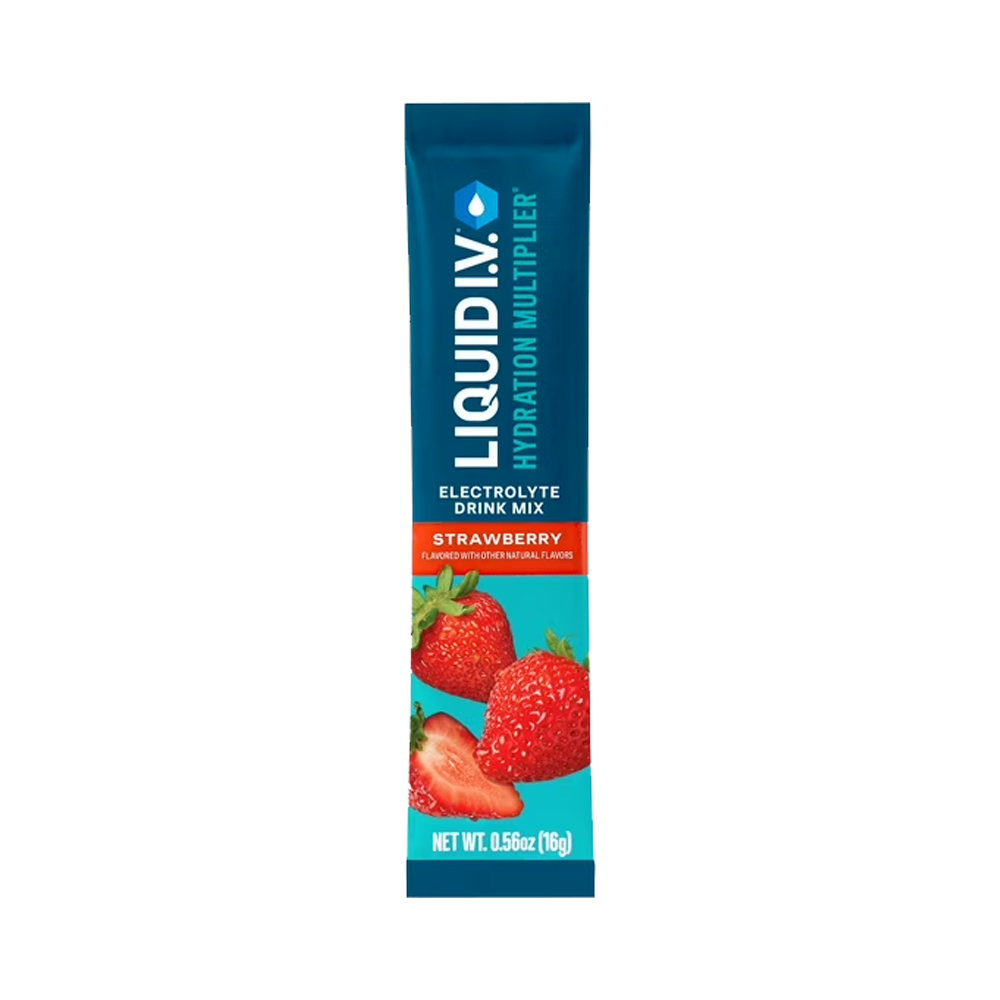 A blue packet of Vegas Party Favors Liquid I.V.® Hydration Multiplier® - Single in strawberry flavor is shown with red strawberries. It contains 0.56 oz (16 g) of mix to enhance hydration with each sip.