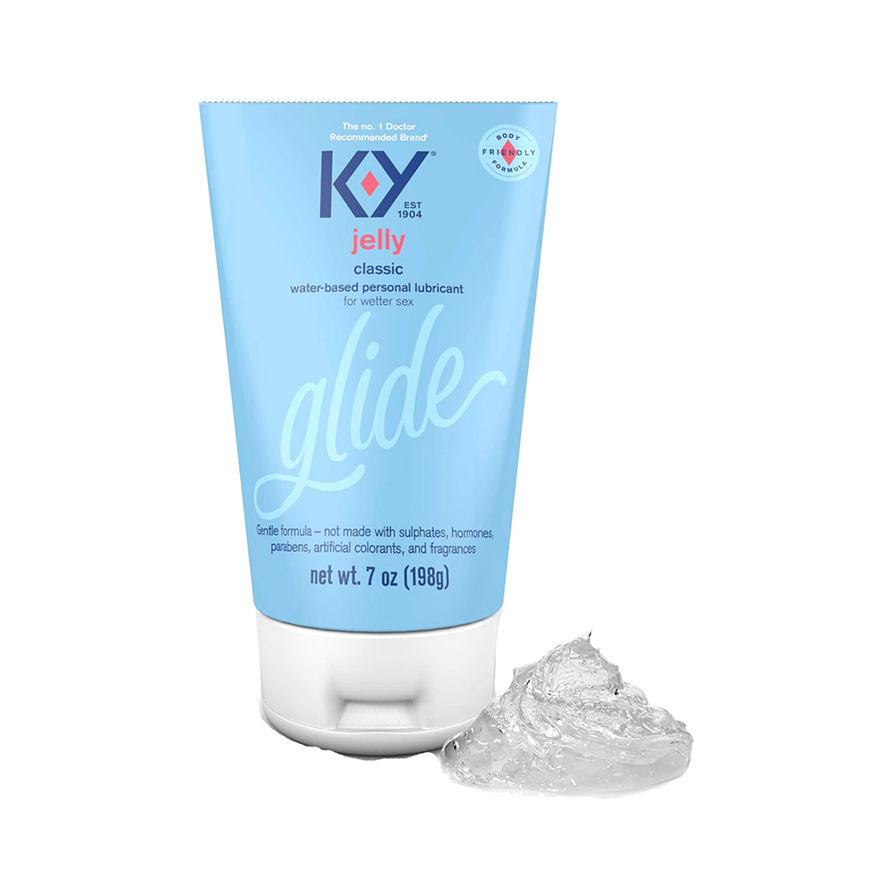 Beside the clear gel rests a tube of K-Y Jelly Classic Water-Based Lubricant, 7 FL OZ by Vegas Party Favors. Its packaging highlights it as the No. 1 doctor recommended brand, designed for optimal water-based lubrication.