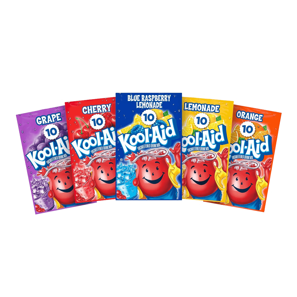 The Kool-Aid Unsweetened Fruit Variety Zero Calories Powdered Drink 5 Pack by Vegas Party Favors features five caffeine-free packets with grape, cherry, blue raspberry lemonade, lemonade, and orange flavors—all sporting a smiling face logo.