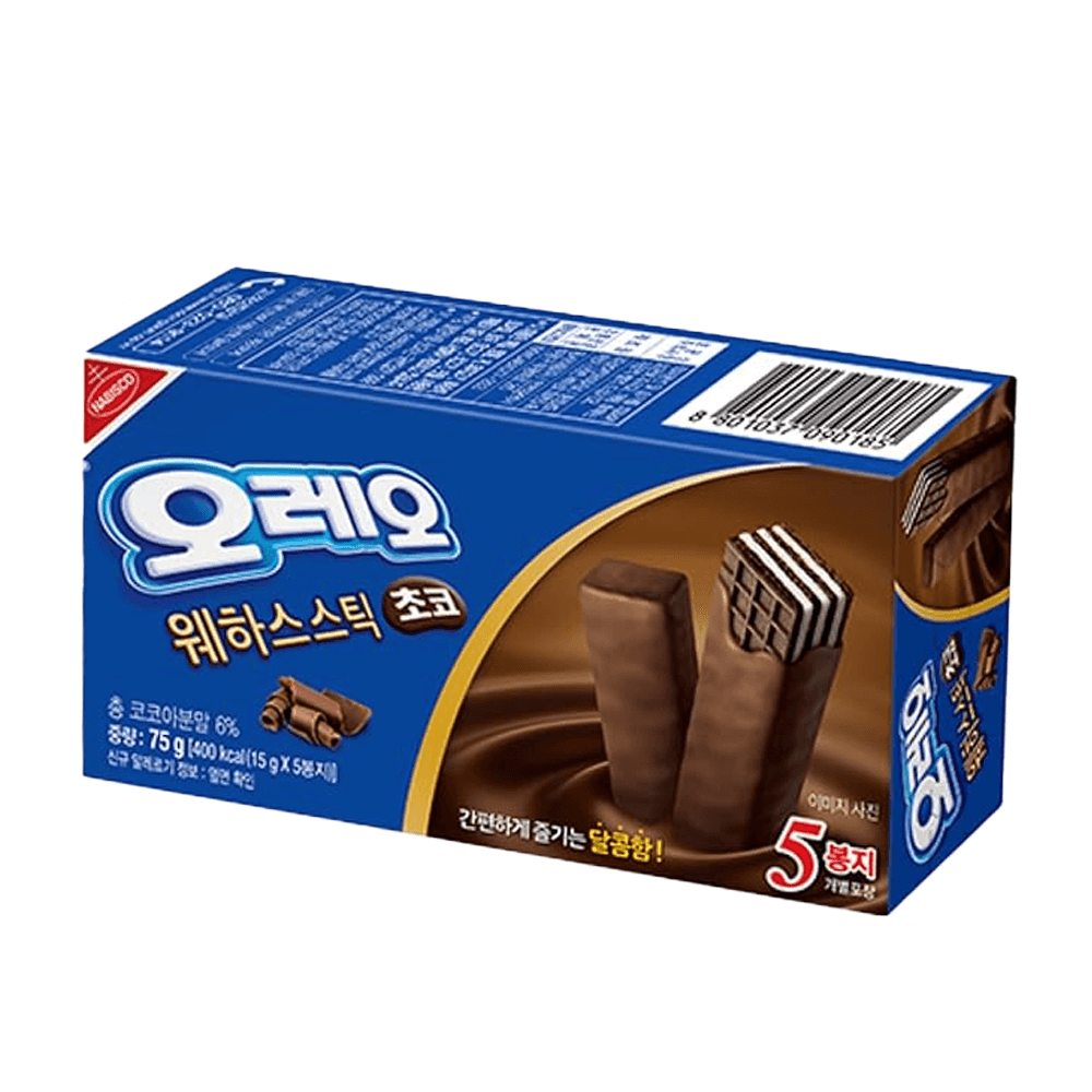 Korean OREO Wafer Sticks Choco packaging with crunchy chocolate-coated wafer snacks, 2.65oz.