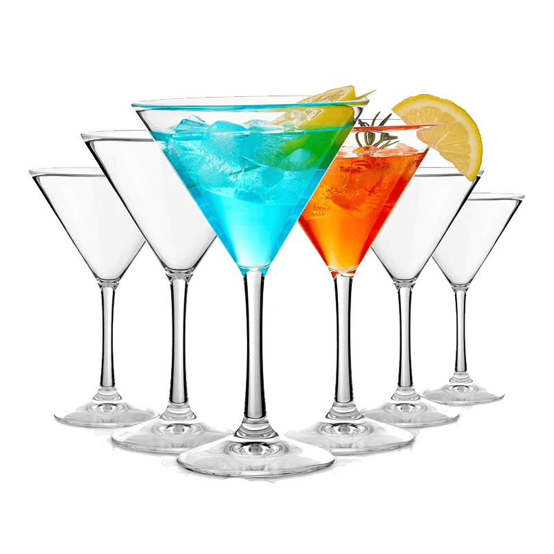 Six unbreakable martini glasses by Vegas Party Favors are lined up; two hold cocktails—a blue one with ice and lemon, and an orange one with cherry and lemon—while the remaining four stay empty.