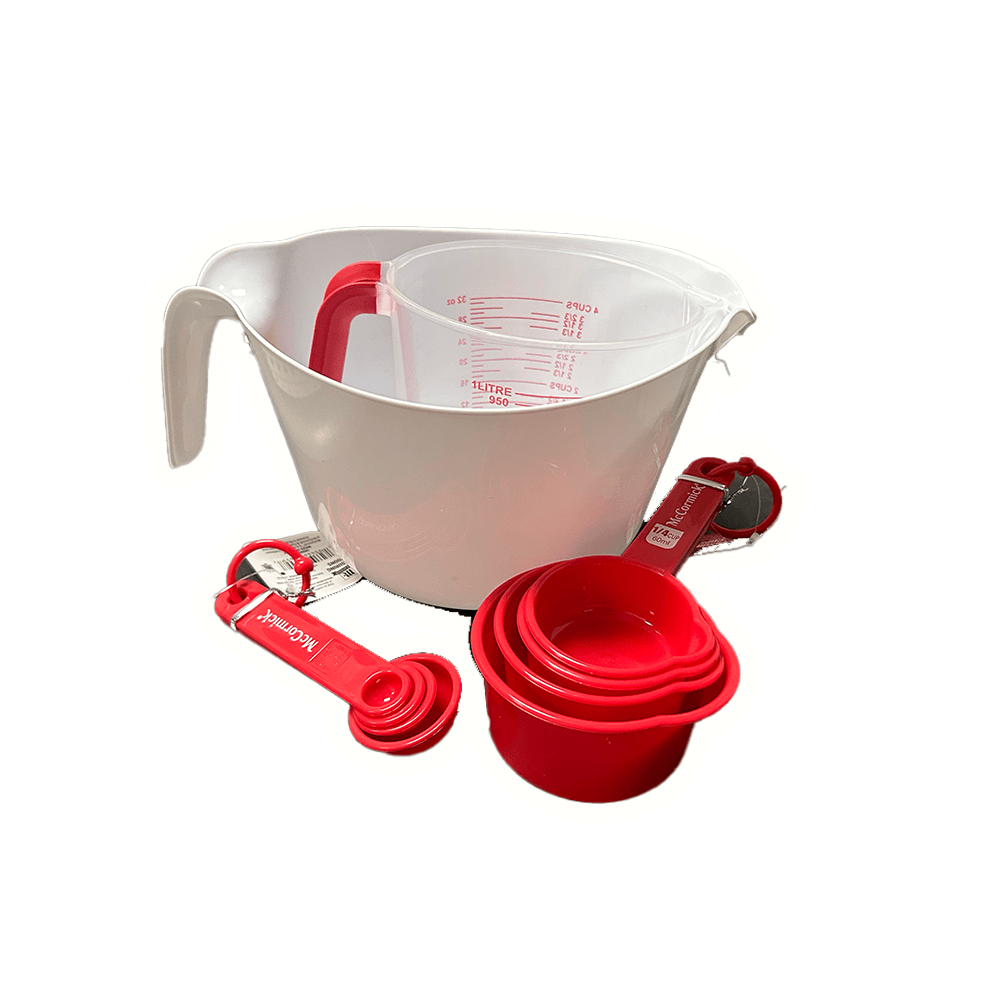 10-piece measuring cup and spoon set in red and clear, featuring stackable design for easy storage in the kitchen.