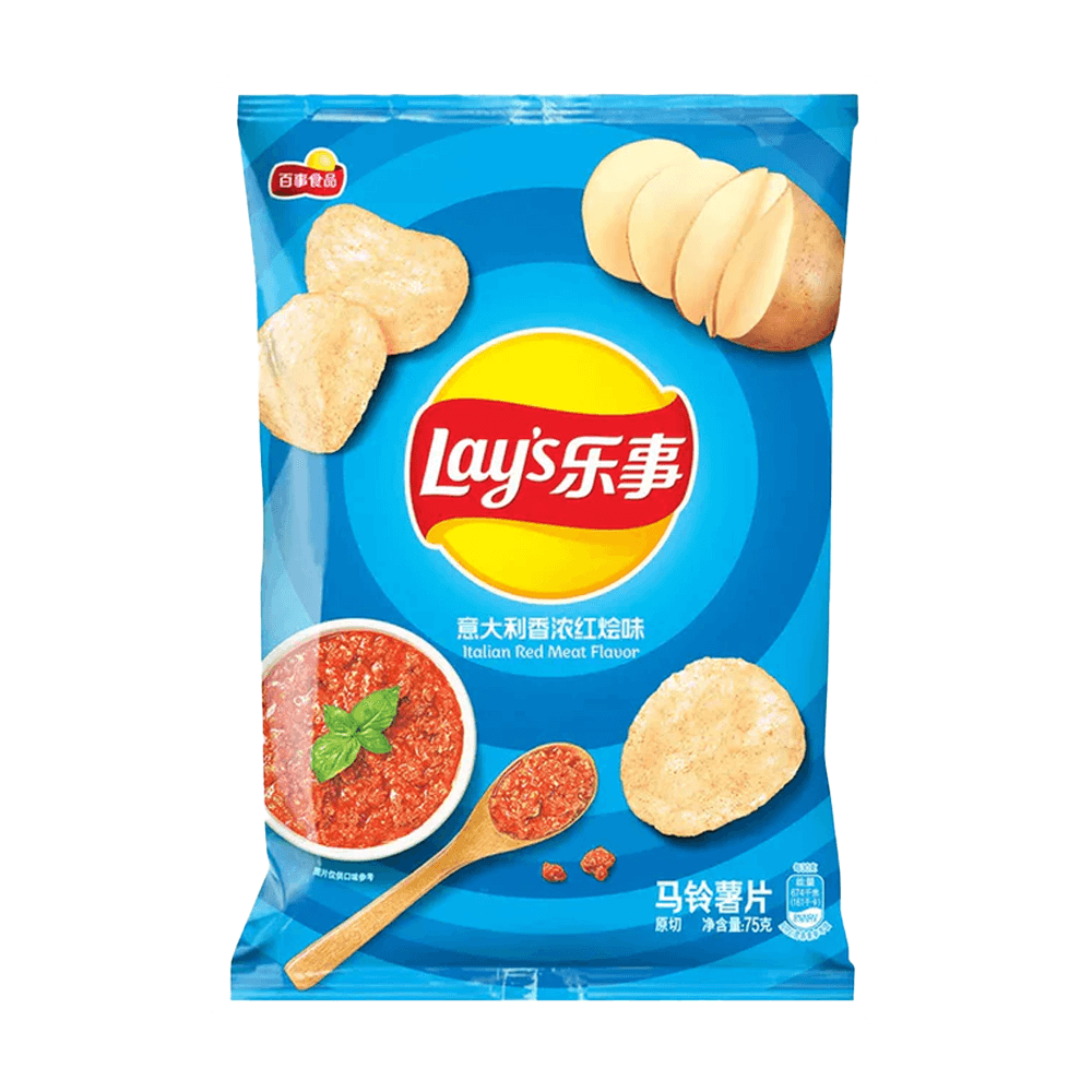 Lay's Italian Red Meat Flavor Potato Chips, 70g pack featuring crispy chips, meat sauce, and herbs.
