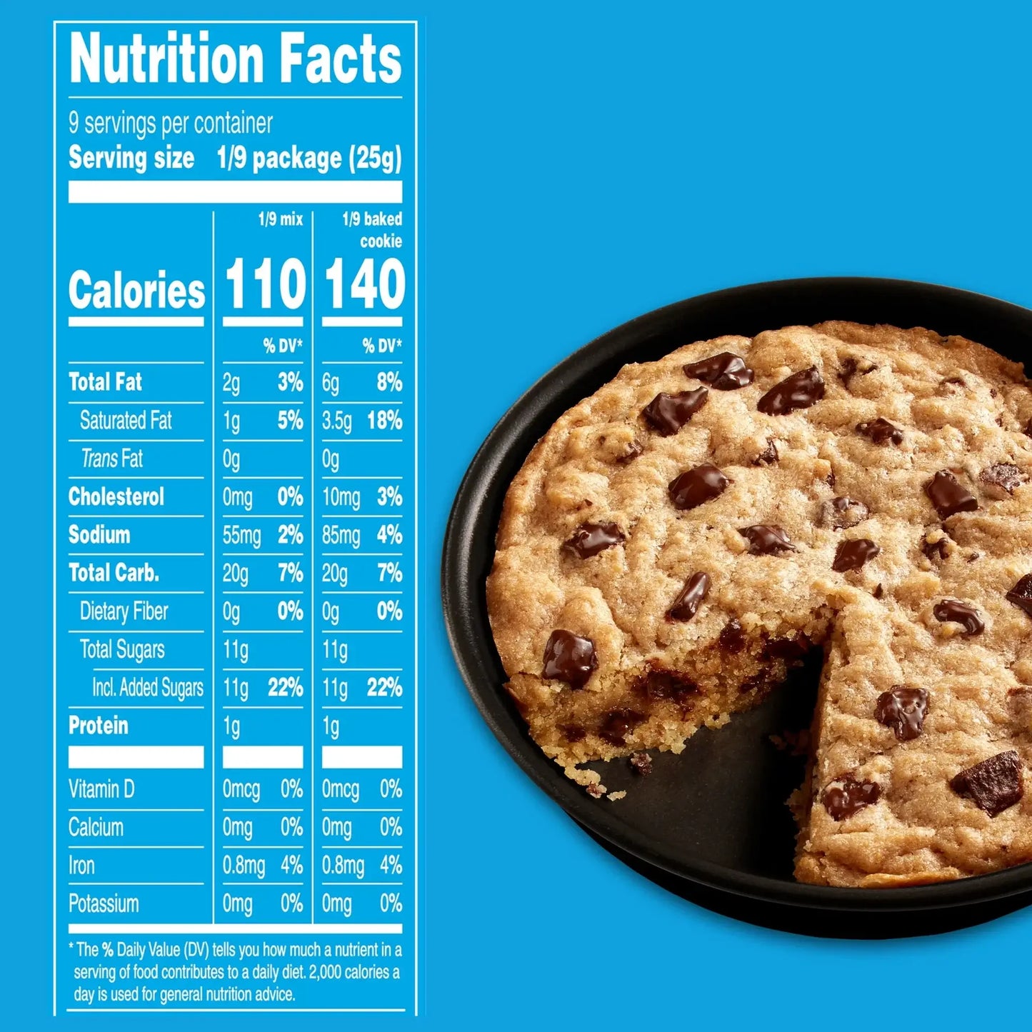 Nutrition facts for Duncan Hines Mega Cookie Chocolate Chunk Pan Cookie Mix with baked cookie on a plate.