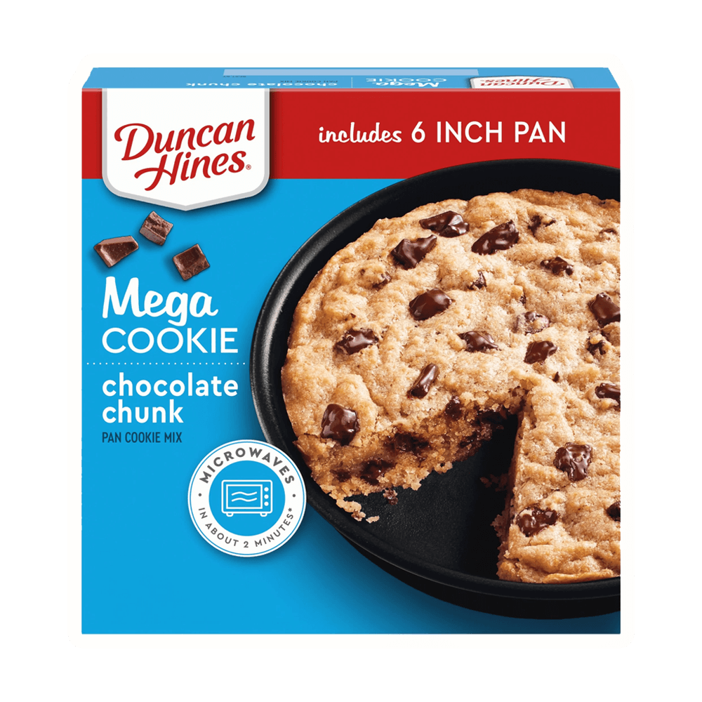 Duncan Hines Mega Cookie Chocolate Chunk Pan Cookie Mix package with 6-inch pan, featuring rich chocolate chunks and quick prep.
