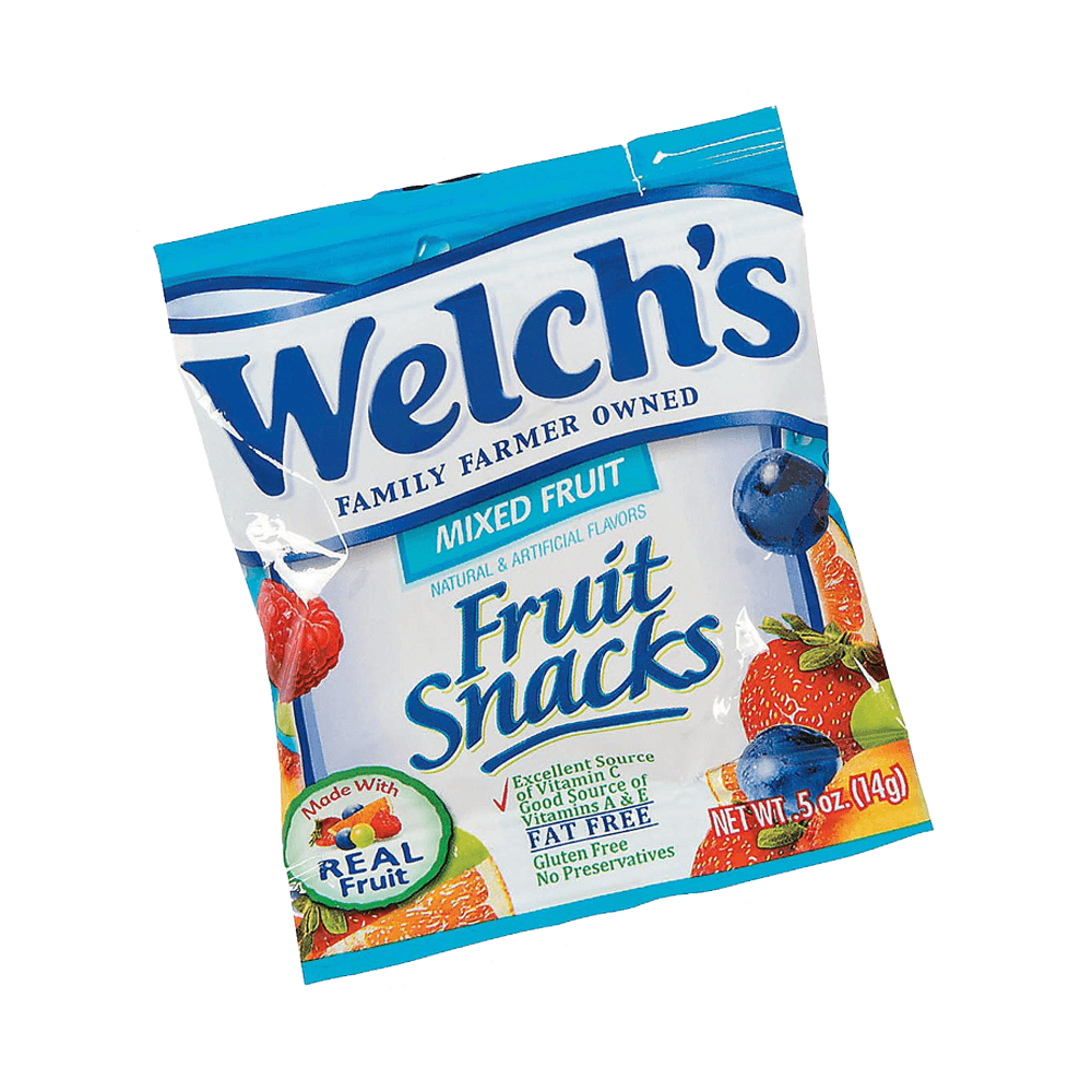 Welchs Mixed Fruit Snack by Vegas Party Favors features assorted fruit images like grapes and strawberries on its 0.5 oz pack. It is made with real fruit, gluten-free, rich in vitamins A, C, E, fat-free, and contains no preservatives.