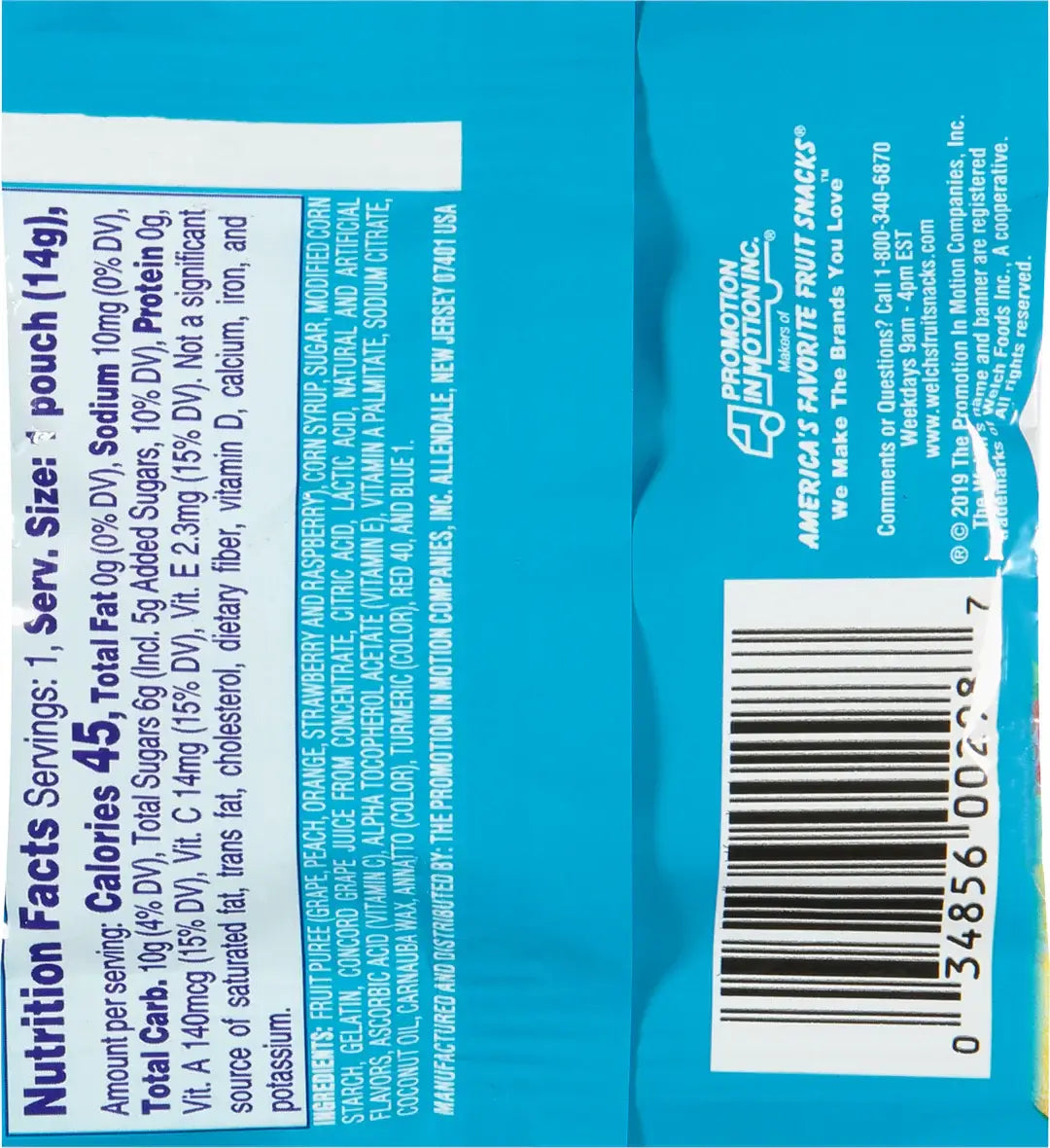 A close-up of the Welchs Mixed Fruit Snack (0.5 oz) by Vegas Party Favors back reveals a nutrition facts label, displaying serving size, calories, and content like total fat, sodium, carbs, and protein. It highlights Gluten Free status with essential Vitamins A, C, and E included.