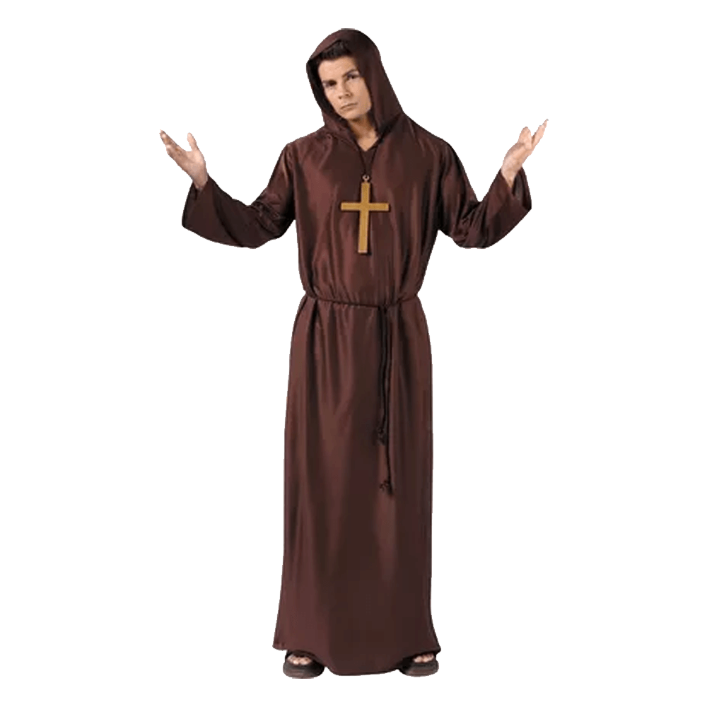 Wearing the Adult Monk Robe by Vegas Party Favors, a person stands in solemnity with arms raised, palms up. The traditional brown robe with hood and large cross necklace makes it an ideal Halloween costume against the plain white backdrop.