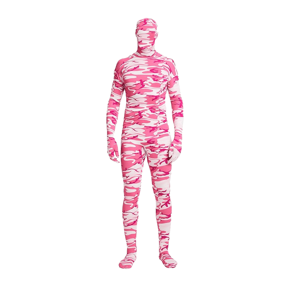 An individual wears the Vegas Party Favors Full Bodysuit Unisex Spandex, adorned with a pink and white camouflage pattern, including face covering. The Zentai Cosplay Costume envelops the entire body from head to toe against a plain white background.