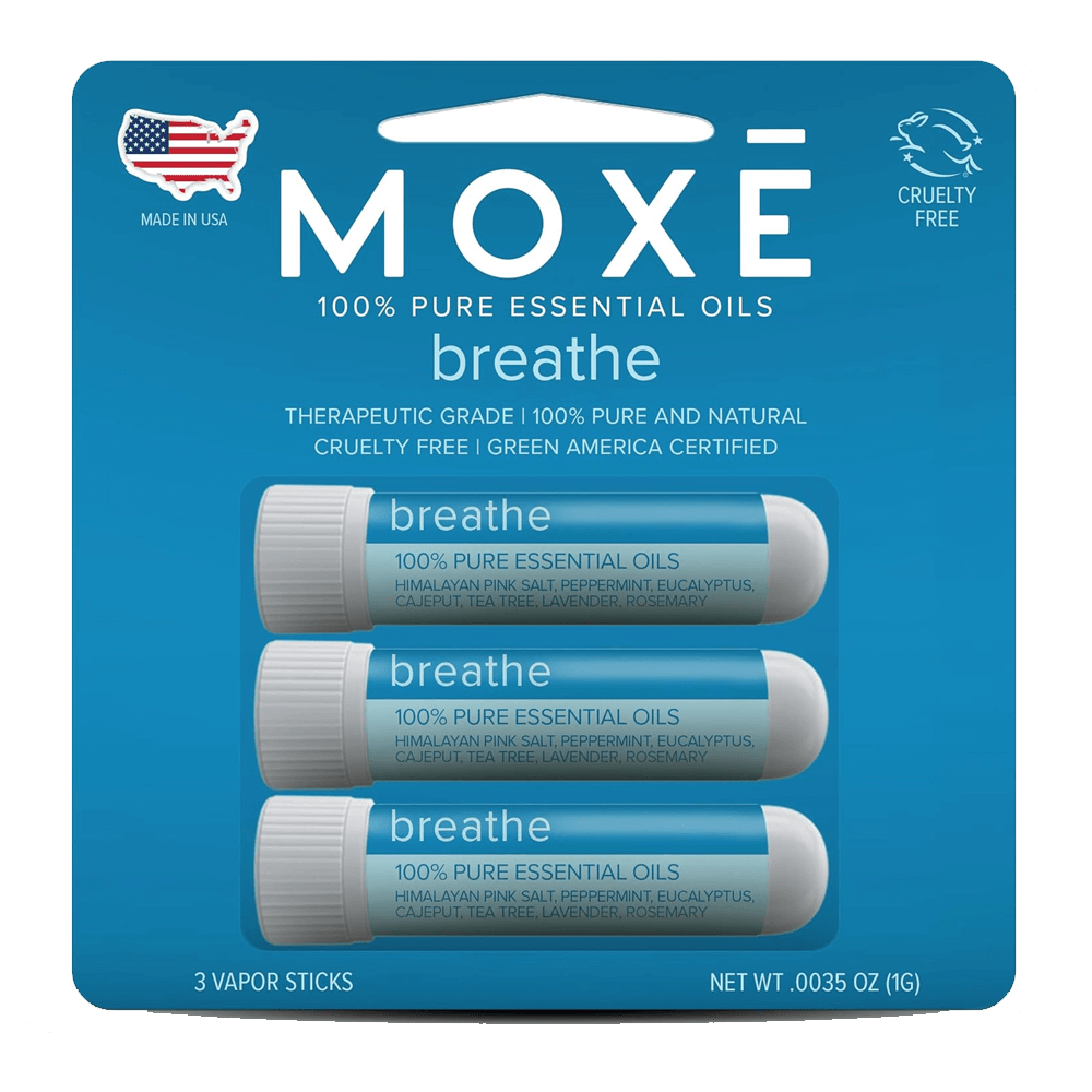 The MOXE Breathe inhaler by Vegas Party Favors features a 3-pack of tubes with 100% pure essential oils like peppermint and lavender, enhanced with Himalayan pink salt for sinus relief. The packaging highlights cruelty-free production and Made in the USA authenticity.