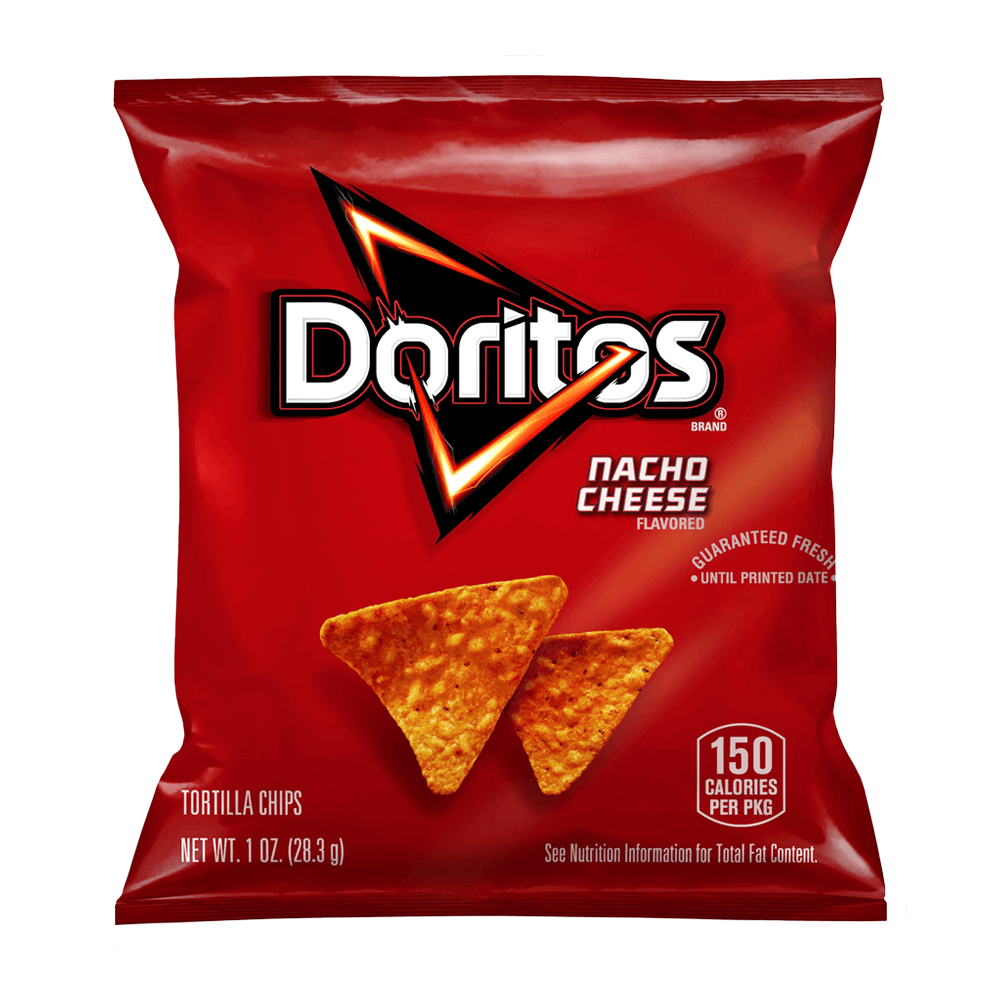 A 1 oz bag of Doritos Tortilla Chips Nacho Cheese from Vegas Party Favors features the iconic logo and two chip images, offering a flavorful 150-calorie snack.
