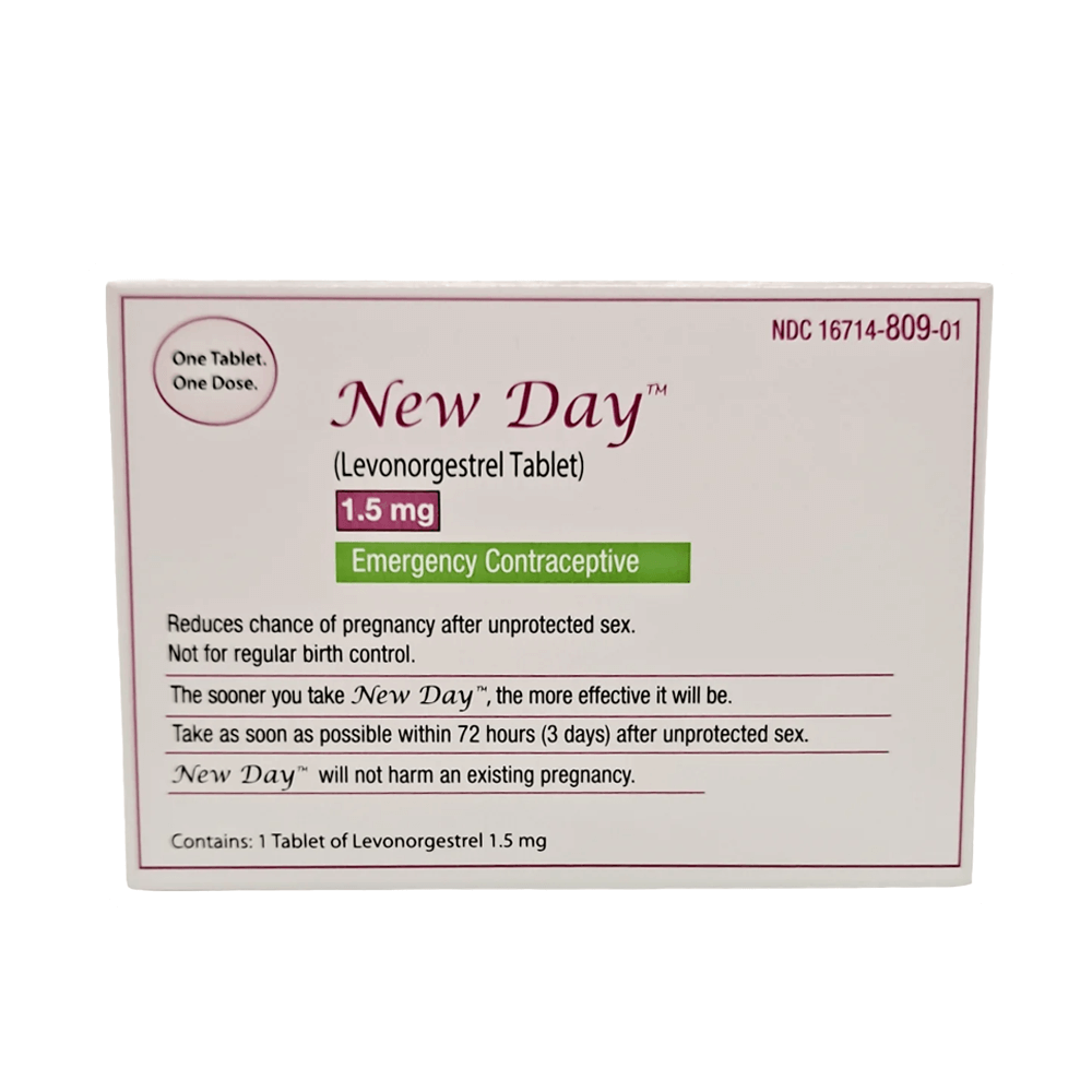 The image features a box of New Day Emergency Contraceptive, 1.5 mg per tablet, by Vegas Party Favors. It highlights effective pregnancy prevention, specifies its not for regular birth control use, and includes detailed instructions.