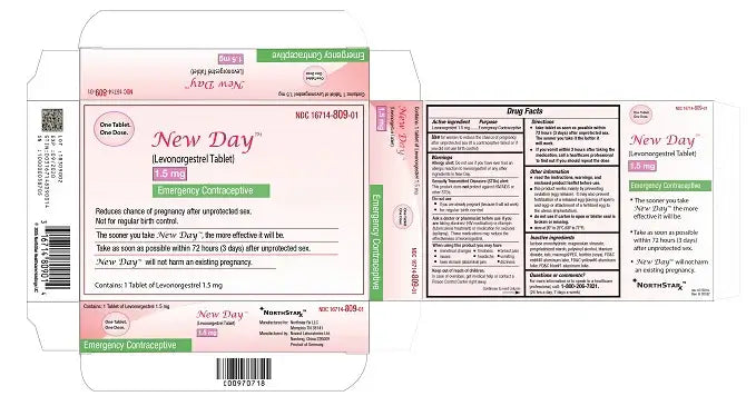 The packaging for New Day Emergency Contraceptive 1.5 mg / 1 Tablet by Vegas Party Favors features drug facts, usage instructions, and branding details in a pink and white theme to highlight its emergency contraception purpose.