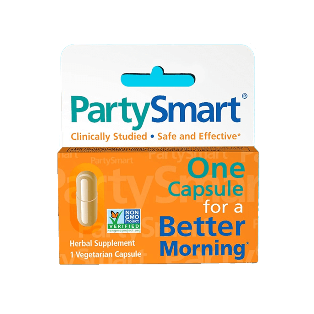 An orange box labeled Himalaya PartySmart by Vegas Party Favors, with a transparent section showing one vegetarian capsule. It reads “One Capsule for a Better Morning,” featuring the Non-GMO Project Verified logo, and includes clinically studied herbal ingredients for liver support and alcohol processing.