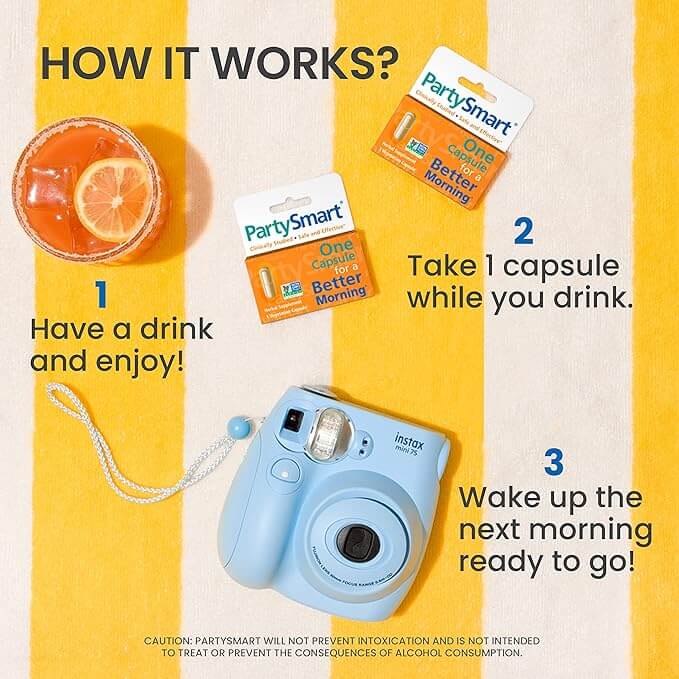 A flat lay features a blue instant camera, a cocktail, and two packs of Vegas Party Favors Himalaya PartySmart capsules on a yellow and white striped background. Steps: 1. Have a drink, 2. Take a PartySmart capsule with herbal support for your liver, 3. Wake up ready to go.