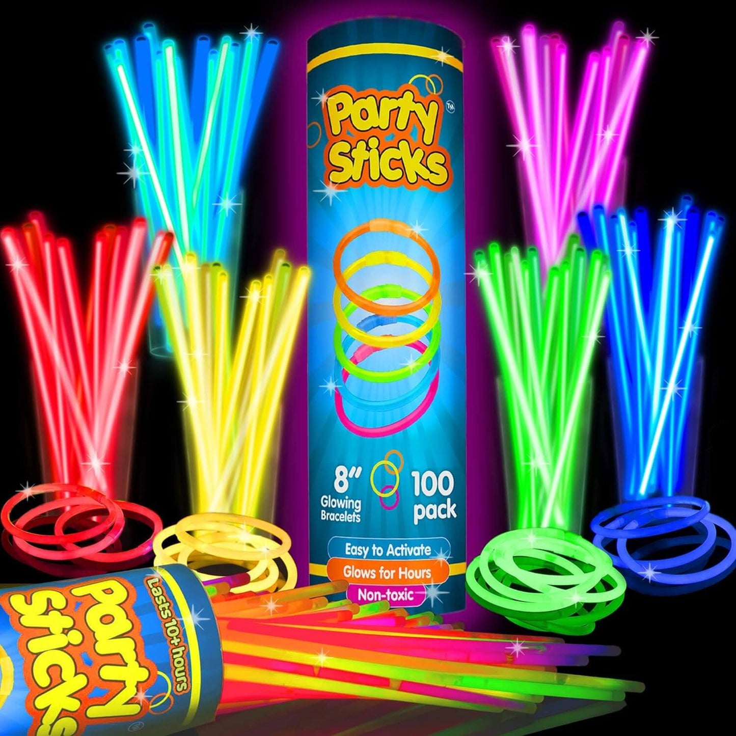 A vibrant collection of PartySticks glow bracelets and necklaces by Vegas Party Favors in pink, blue, green, yellow, orange, and red. The package includes 100 ultra-bright, non-toxic pieces that are easy to activate—perfect as premium Glow in the Dark party supplies and decorations.