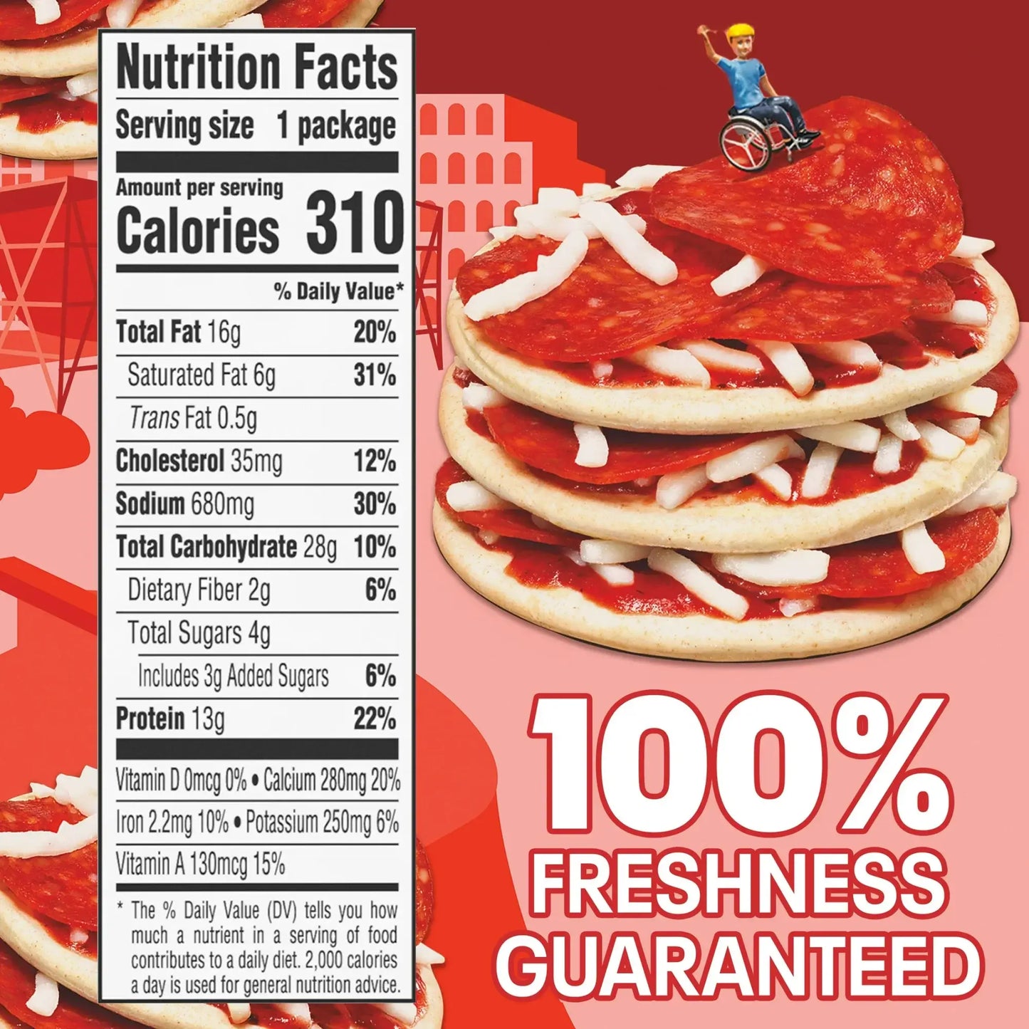 Nutrition facts for Lunchables Pizza with Pepperoni, showcasing ingredients and freshness guarantee.