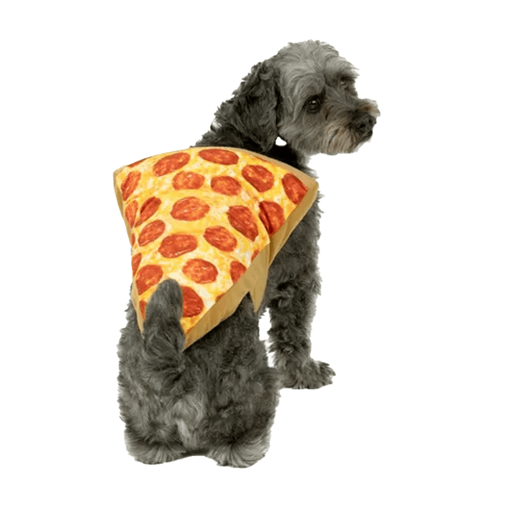 A fluffy gray dog is cozy in the Vegas Party Favors Pepperoni Pizza Slice Dog Costume, ideal for Halloween. The dog sits slightly turned, highlighting the playful pizza slice on its back.