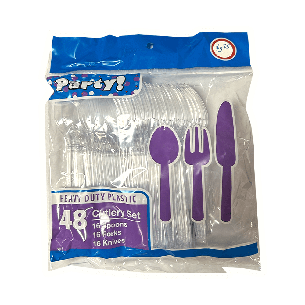 48-piece reusable cutlery set including 16 forks, 16 spoons, and 16 knives for parties and everyday use.