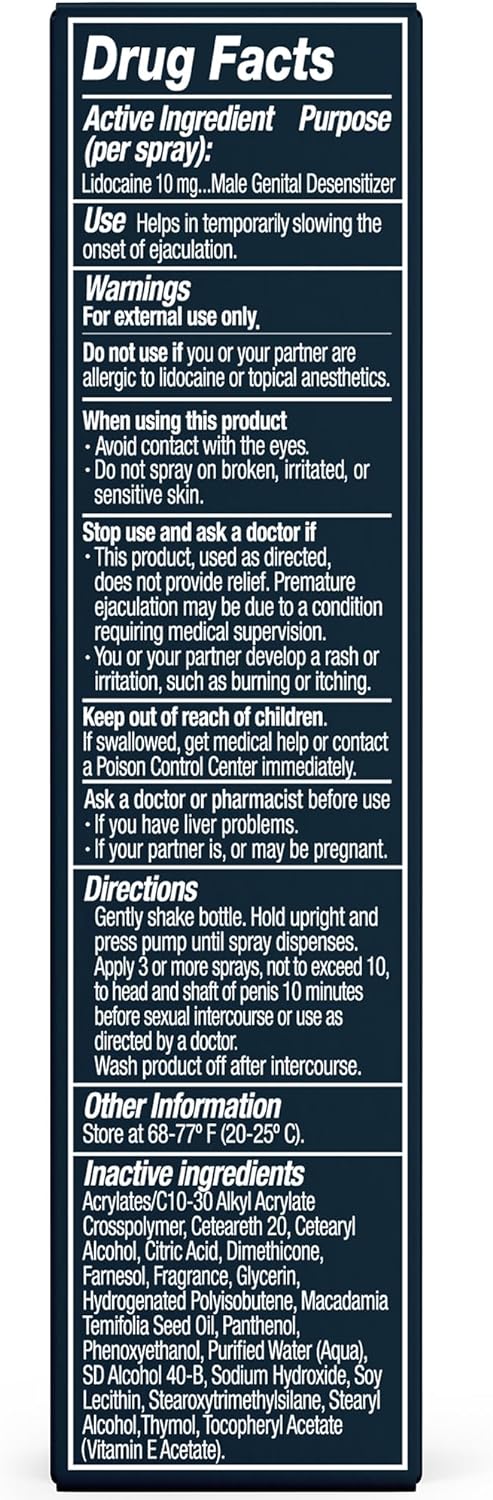 The drug facts label for Vegas Party Favors Promescent Desensitizing Delay Spray presents key information on male genital desensitization with 10 mg of lidocaine. It lists the purpose, usage instructions, warnings, directions, and inactive ingredients on a dark background with white text for easy use.