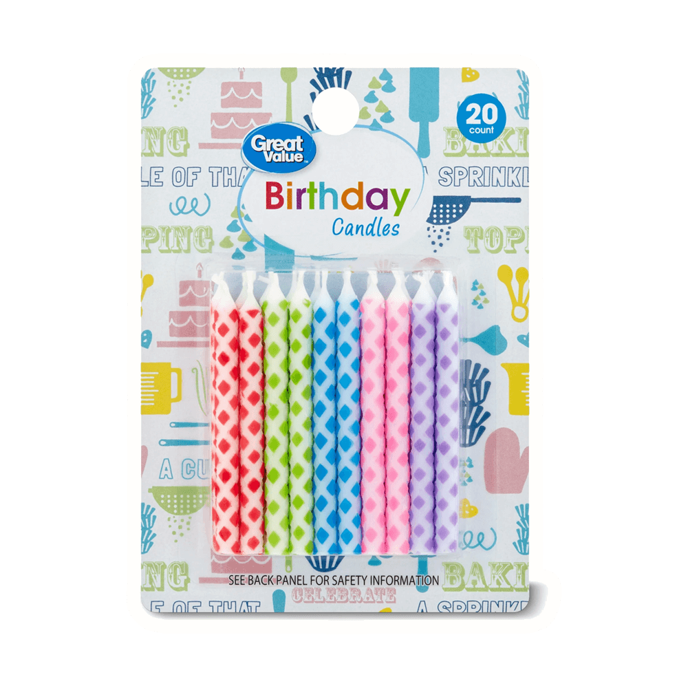 Great Value Celebration Polka Dot Birthday Candles, assorted colors, 20 count, perfect for birthday and party celebrations.