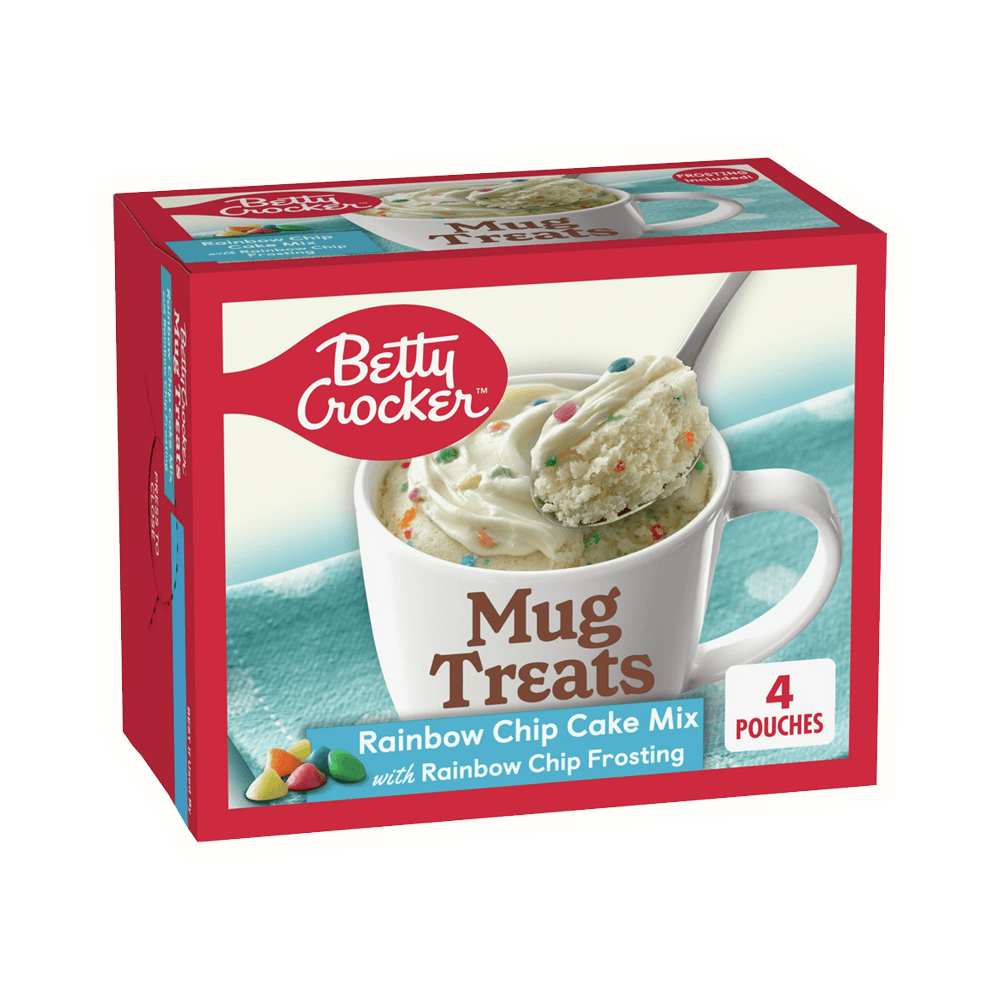 Betty Crocker Mug Treats Rainbow Chip Cake Mix with Frosting, 4 servings packaging showcasing a delicious mug cake.