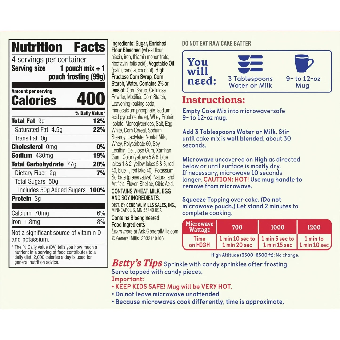 Nutrition facts and instructions for Betty Crocker Rainbow Chip Mug Treats Cake Mix, detailing preparation and serving size.