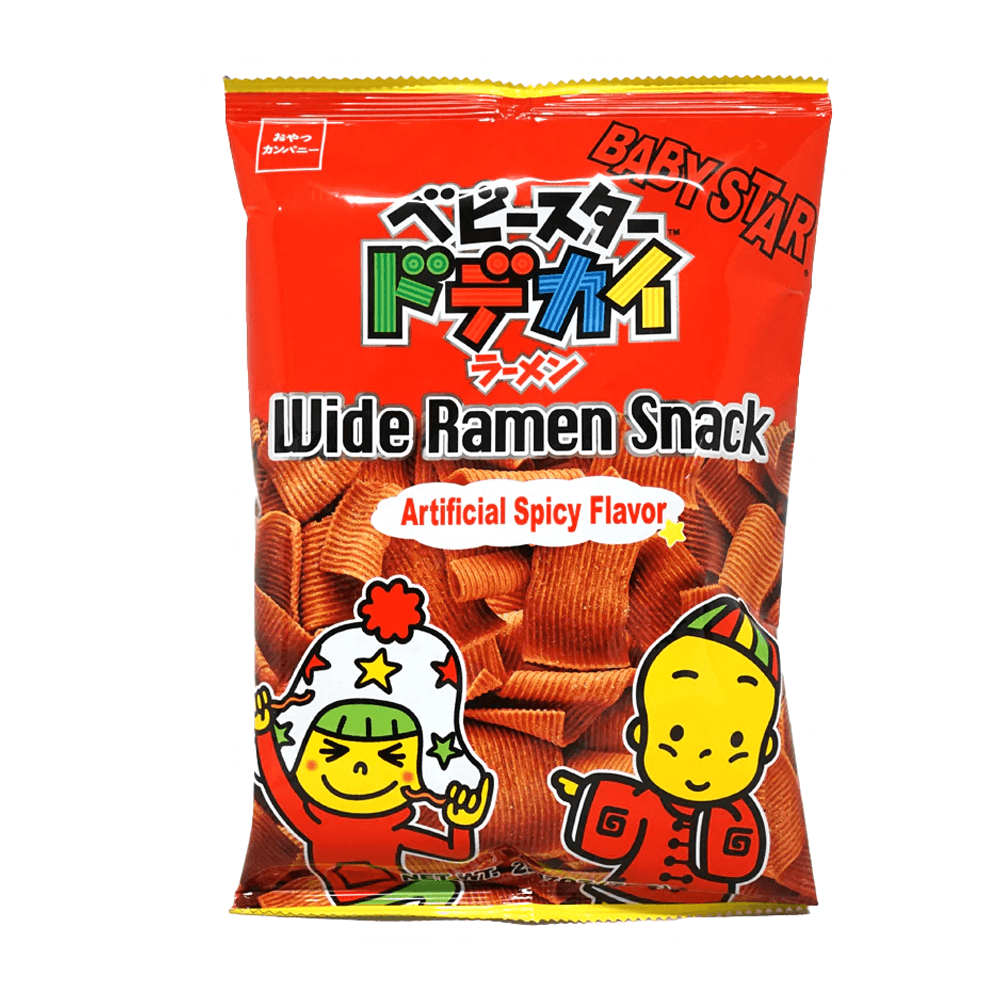 Baby Star Wide Ramen Snack Spicy Flavor 70g packaging, featuring bold graphics and vibrant colors, casual snack for spicy flavor lovers.
