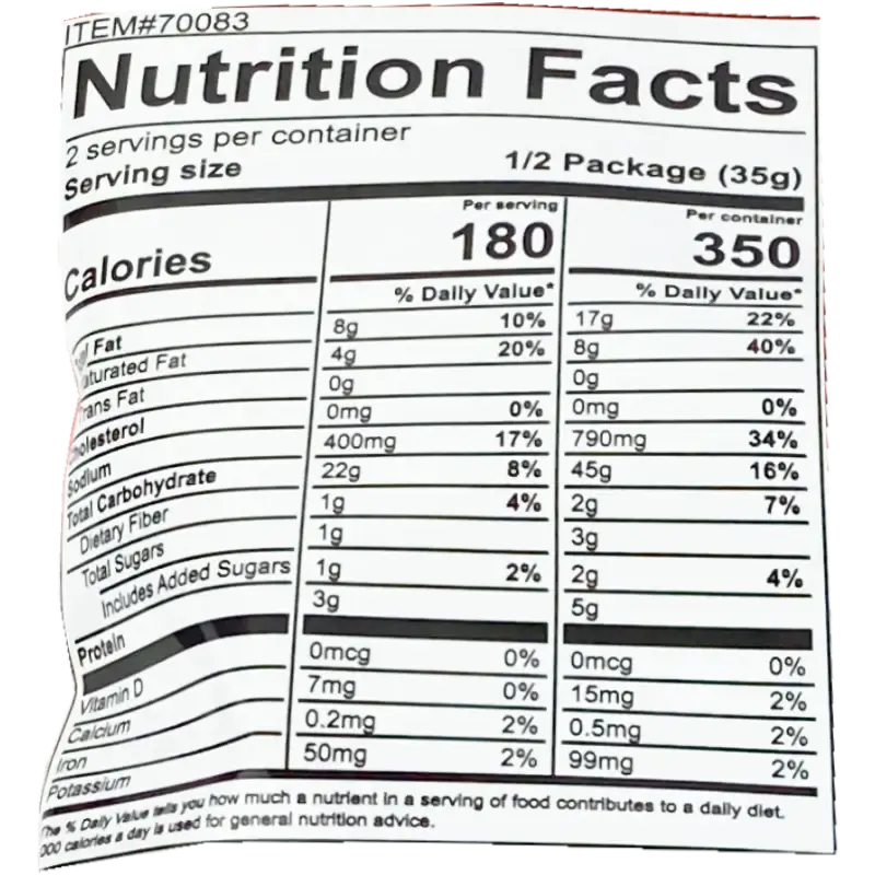 Nutrition facts label for Baby Star Wide Ramen Snack Spicy Flavor, showing calories and nutrient content.