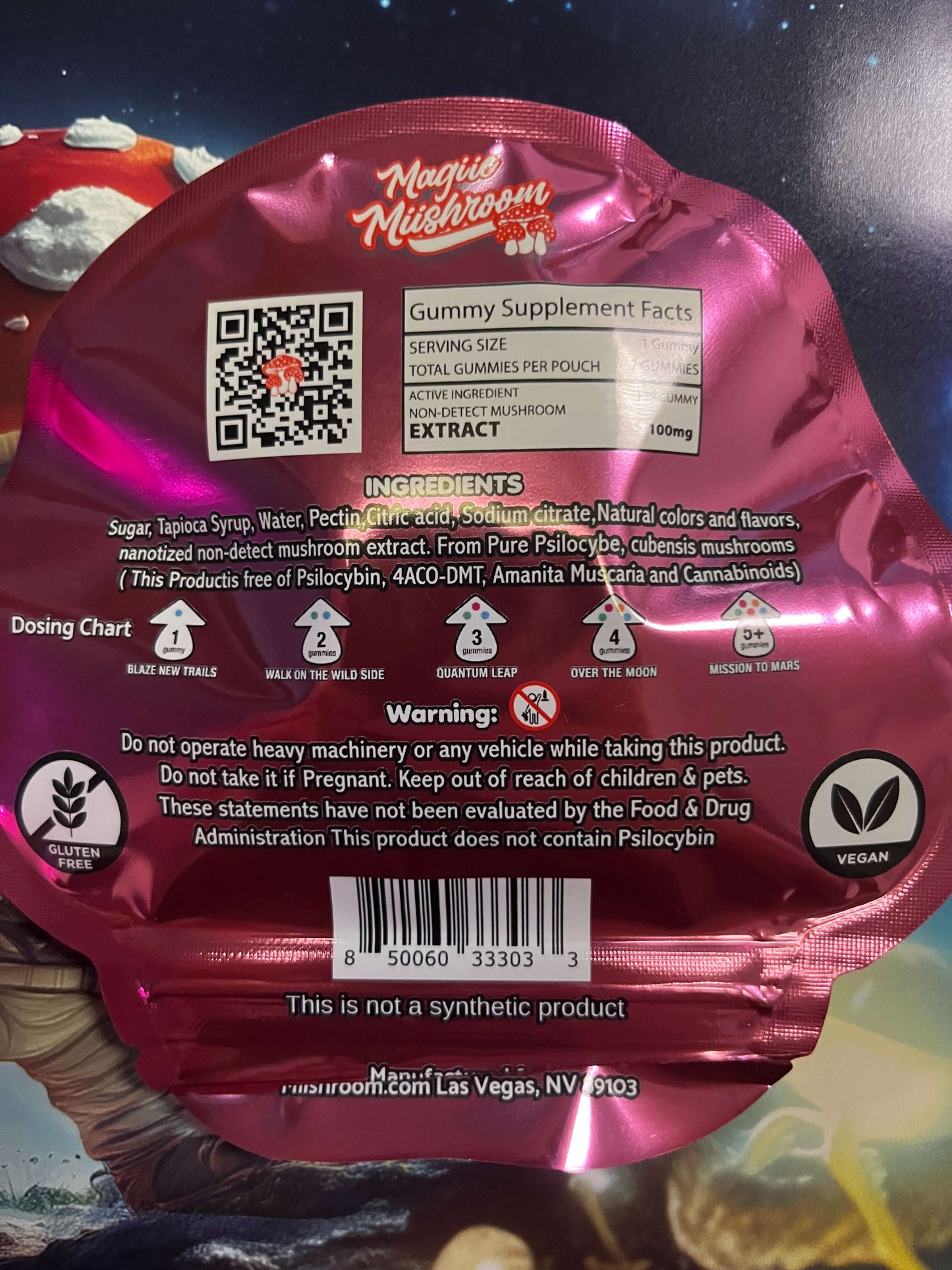 Back of Miishroom Raspberry Gummies packaging showing ingredients and supplement facts label.