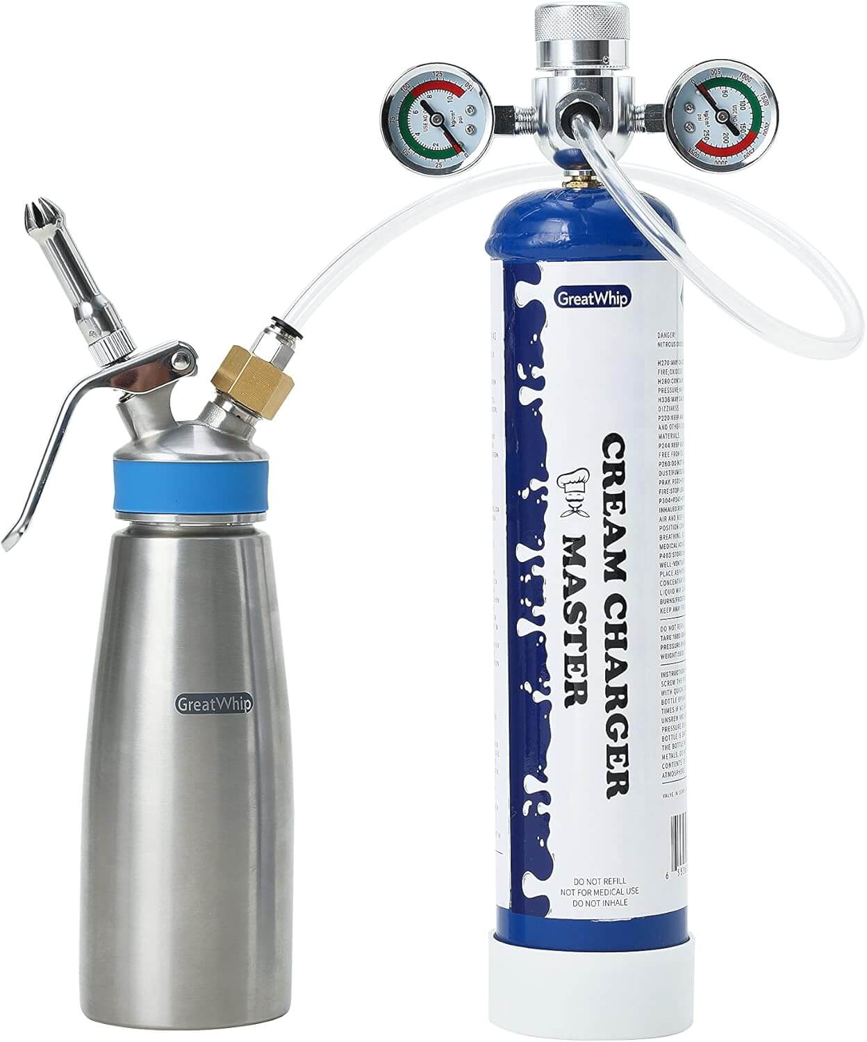 The Vegas Party Favors cream charger setup includes the GreatWhip Pressure Regulator Valve for 580g, 640g, or 3.3L tanks with an upgraded adapter and hose line connected to a metallic dispenser featuring a nozzle, lever, and visible pressure gauges on the cylinder.