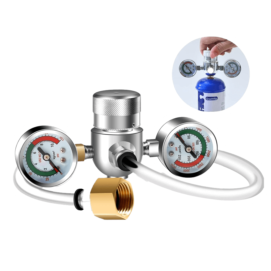 The Vegas Party Favors GreatWhip Pressure Regulator Valve, with dual psi/kPa gauges and bar readings, connects via sturdy hoses to a blue gas cylinder. An inset shows its commercial-friendly design suitable for 580g, 640g, and 3.3L tanks with an upgraded adapter and hose line on the dispenser.