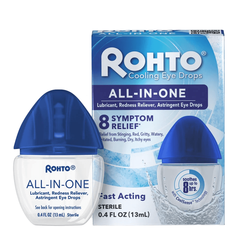 Image of Rohto All-in-One Multi-Symptom Cooling Eye Drops packaging by Vegas Party Favors. It features CoolSense Technology, offering up to 8 hours of relief for irritated, dry, burning, watery, itchy, red, and gritty eyes. The box and bottle prominently display the products name and features.