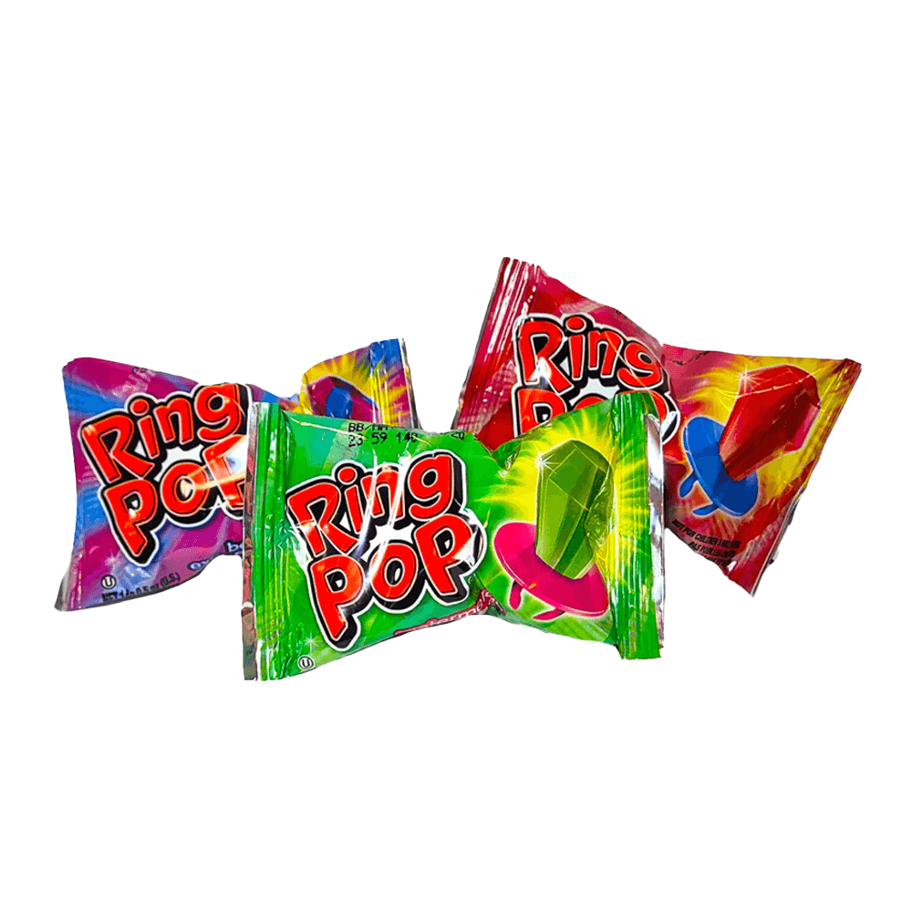 Three Vegas Party Favors Ring Pop packages, ideal for party favors, are set against a white backdrop. The colorful wrappers display bright green, blue, red, and pink designs. Each package reveals a wearably dazzling candy gem-shaped lollipop inside.