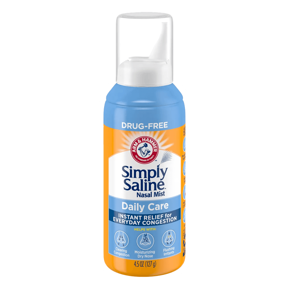 The Simply Saline Nasal Care Daily Relief Mist Spray - 4.5oz by Vegas Party Favors comes in a tall canister with a blue and orange label, offering drug-free, instant congestion relief. It cleans, moisturizes, and provides everyday comfort for your daily nasal care needs.