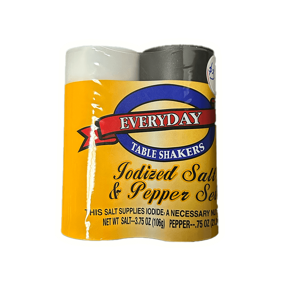Everyday iodized salt and pepper shaker set, perfect for daily dining or special occasions.