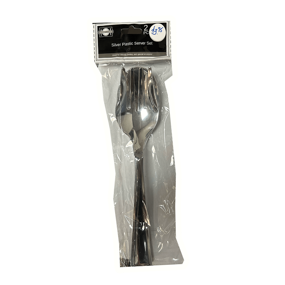 2-piece silver plastic serving spoon and fork set, perfect for stylish serving and entertaining.