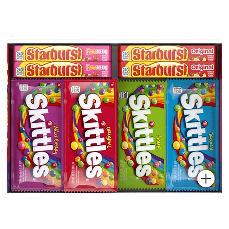Vegas Party Favors offers a vibrant 30-count candy assortment, featuring three Starburst FaveREDS packs and a box of Skittles with Wild Berry, Original, Sour, and Tropical flavors.