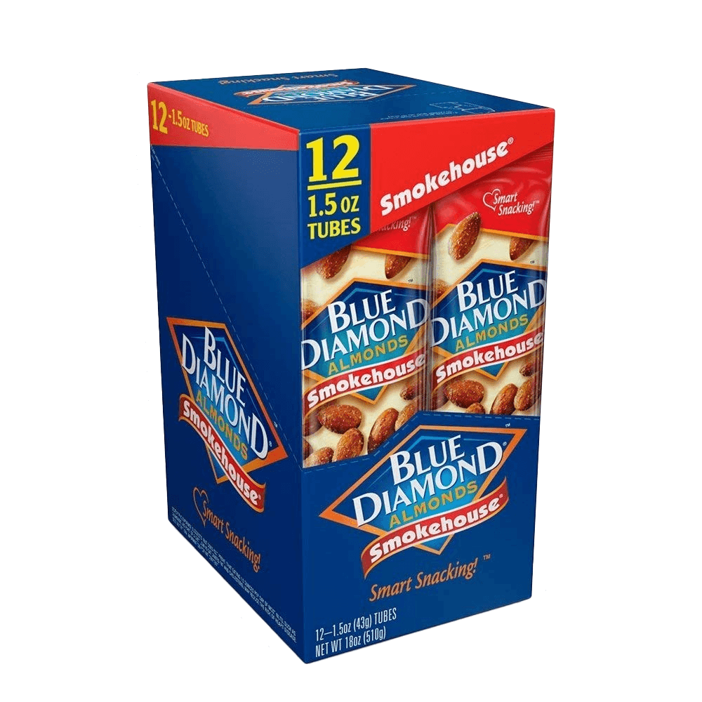The Vegas Party Favors Blue Diamond Almonds in Smokehouse flavor offers 12 packs of 1.5 oz, marketed as Smart Snacking!—ideal for convenient flavor-filled enjoyment on the go.