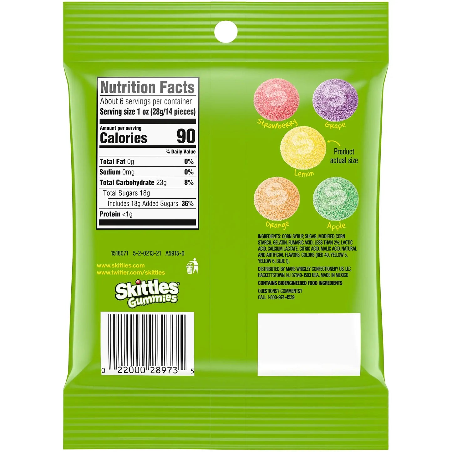 A green bag of Skittles Gummies Sour by Vegas Party Favors, featuring chewy sour candy with nutrition facts and ingredients listed. It includes five flavors—strawberry, green apple, lemon, orange, and grape—each shown as a colored circle with the flavor name.