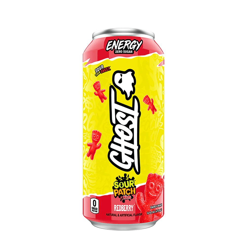 A vibrant yellow 16 oz can of Ghost Sour Patch Redberry Energy Drink from Vegas Party Favors features zero sugar. With Sour Patch Kids branding, it offers a Redberry flavor powered by natural caffeine for an energizing lift.