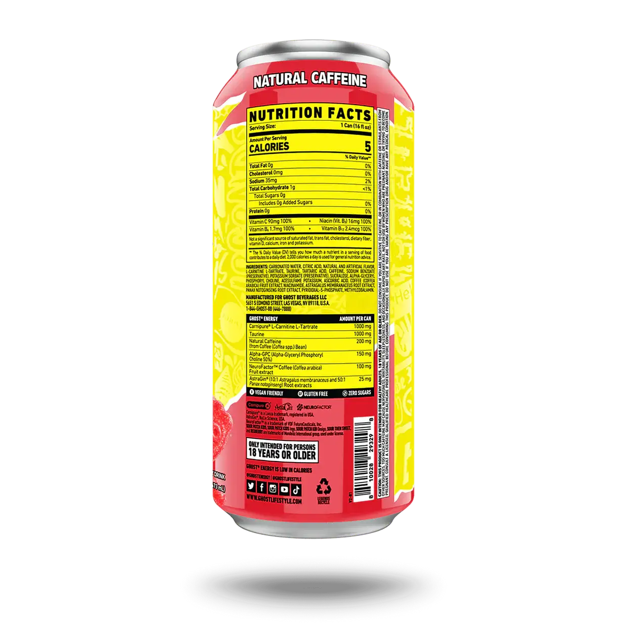 The image displays a vibrant 16 oz Ghost Sour Patch Redberry Energy Drink can from Vegas Party Favors. It has a bright label with fruit graphics, a nutrition facts panel, natural caffeine, and zero sugar for health-conscious individuals.