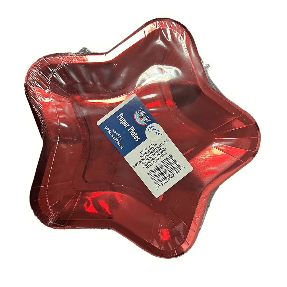 Red star-shaped paper plates packaged for parties and celebrations, ideal for appetizers and desserts.