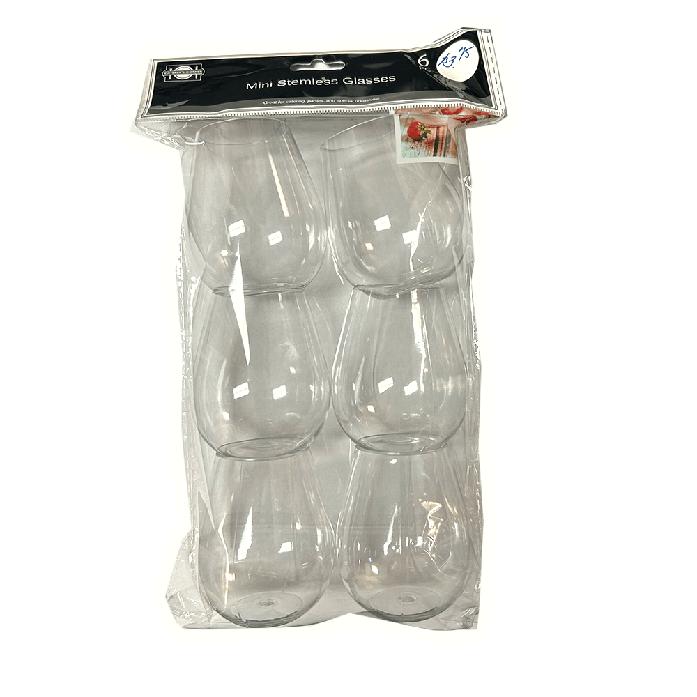 6-piece mini stemless plastic glasses set, shatterproof and reusable for indoor and outdoor use.
