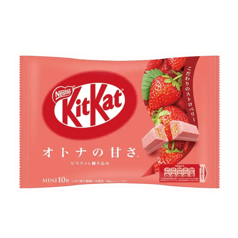 Japanese Mini KitKat Strawberry Bars pack featuring tart strawberry and creamy white chocolate flavors, 10 pieces.