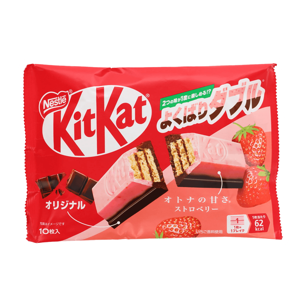 Japanese Mini KitKat Strawberry Chocolate Bars packaging featuring creamy chocolate and fresh strawberry flavor.