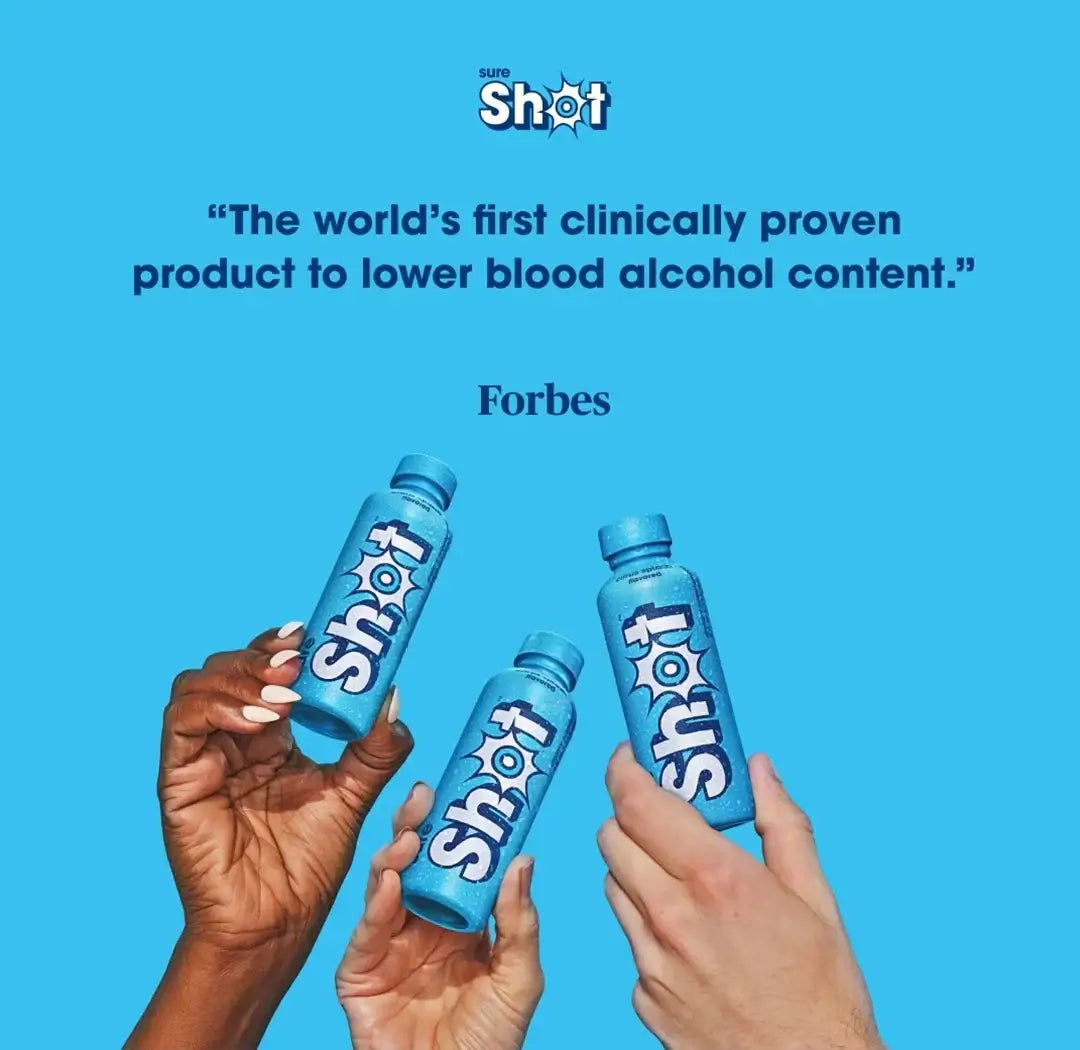 Three diverse hands hold Sure Shot 4oz by Vegas Party Favors against a bright blue backdrop. Text above says, The world’s first clinically proven rapid alcohol reducer to lower blood alcohol content. Attributed to Forbes.