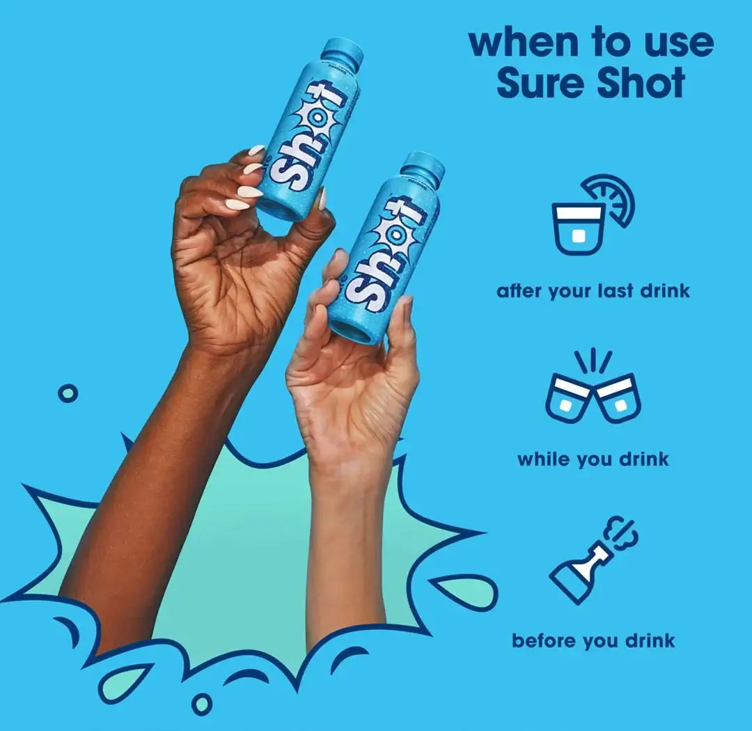 Two hands hold bottles of Sure Shot 4oz by Vegas Party Favors against a blue background. Text on the right suggests using it after, during, and before drinking, with simple line illustrations showcasing its function as a quick alcohol reducer for balanced BAC.